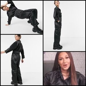ASO Adrienne Houghton Collusion Y2K Satin Sleek Black Moto Wide Leg Jumpsuit 6